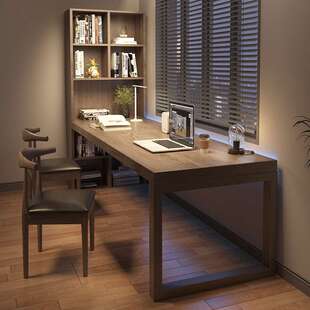 全实木书桌书柜书架一体家用台式办公电脑桌学习桌卧室靠墙工作台