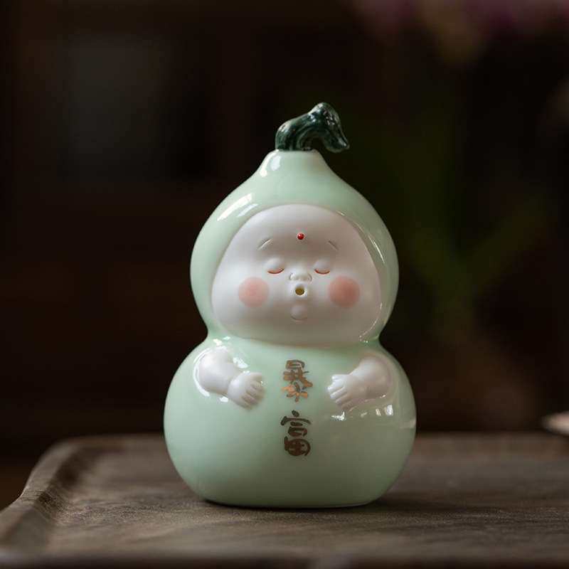 青瓷暴富葫芦茶宠摆件精品茶具小茶玩可爱家居摆件手工艺品装饰品