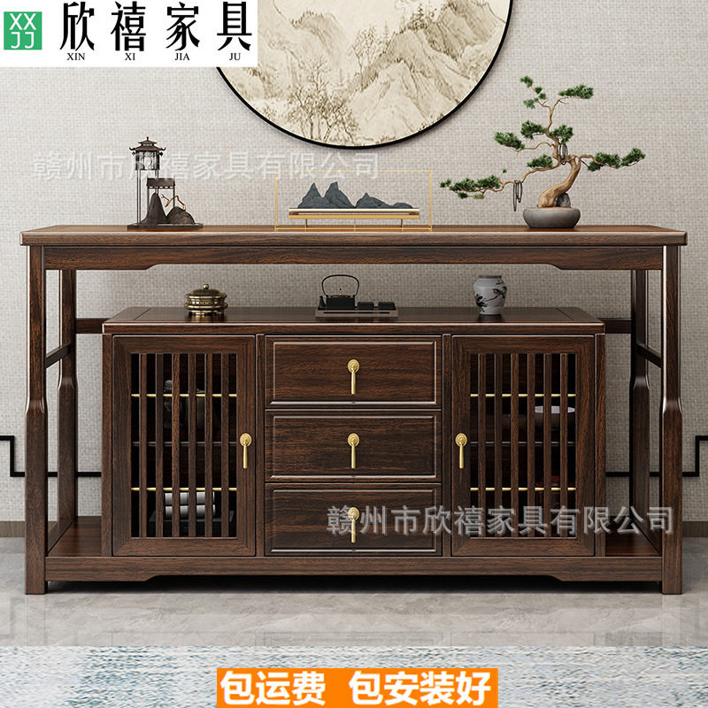 新中式乌金木实木餐边柜两门禅意轻奢高端岩板碗筷柜厨房茶水柜