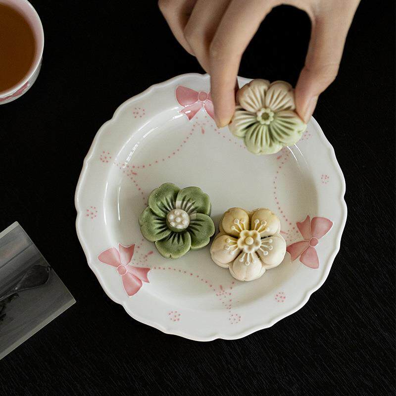 墨己玉泥白瓷手绘有田烧蝴蝶结陶瓷壶承茶道配件家用茶点盘干泡盘
