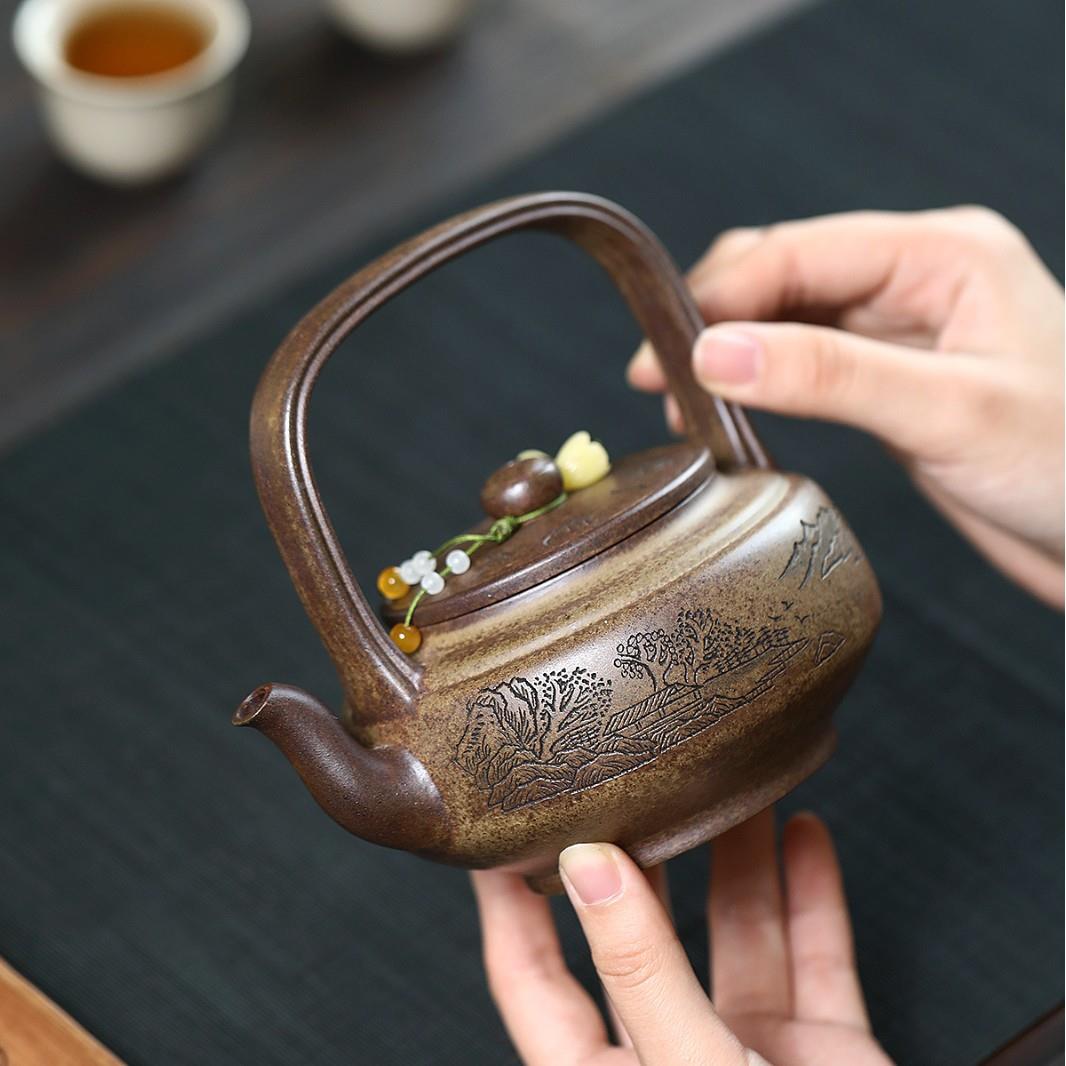 宜兴紫砂壶原矿云雾沉香手工制泥观山望岳梁提ZHIFU-68壶货无痕发