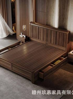 南美WCK黑胡木中实木床1.8桃新式主卧米双人床1.5m轻奢储物双人婚