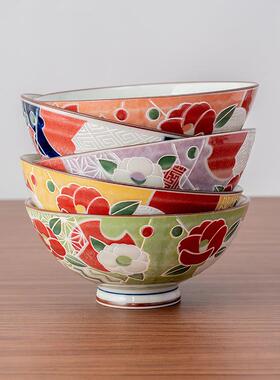 美HKN6-SC3浓彩烧进彩绘口山茶花米碗汤碗日式家用5.5英寸饭具釉