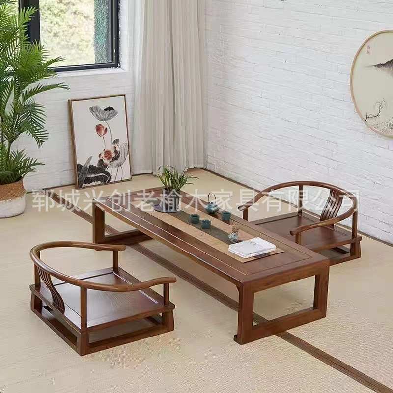 古典茶桌实木榻榻米阳台新中式喝茶桌炕桌老榆木组合原木泡茶桌
