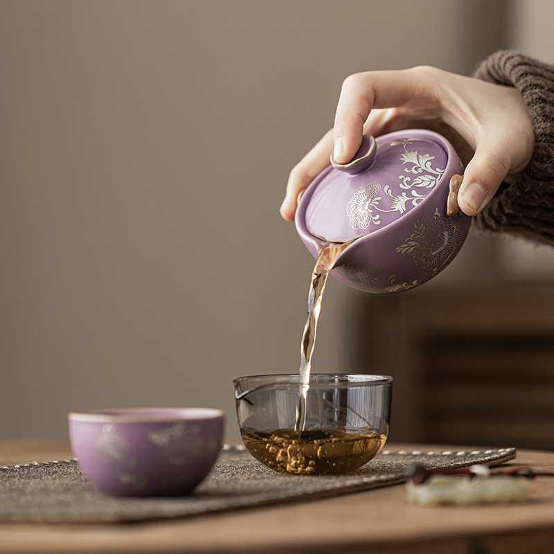 国风紫汝鎏银牡丹缠枝莲一壶二杯旅行茶具家用户外便携陶瓷快客杯