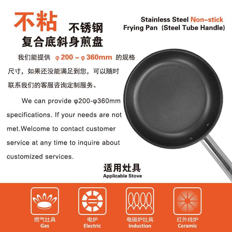 复合底不锈钢平底锅煎炒两用跨境热销牛排煎蛋锅单柄加厚不粘煎锅
