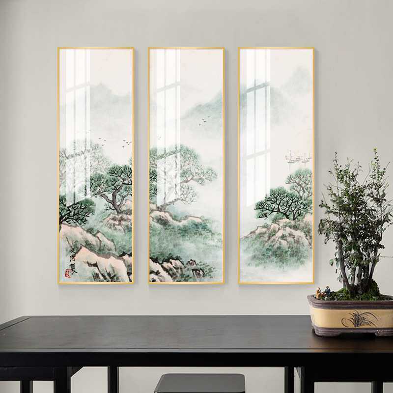 新中式山水画茶室装饰画复古水墨画百年青松中式挂画客厅三联画