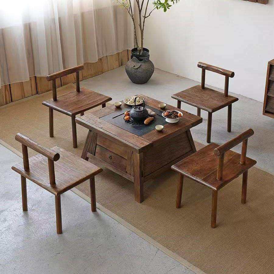 中式老榆木围炉煮茶桌碳炉户外庭院方形烧烤桌茶几阳台带抽屉餐桌