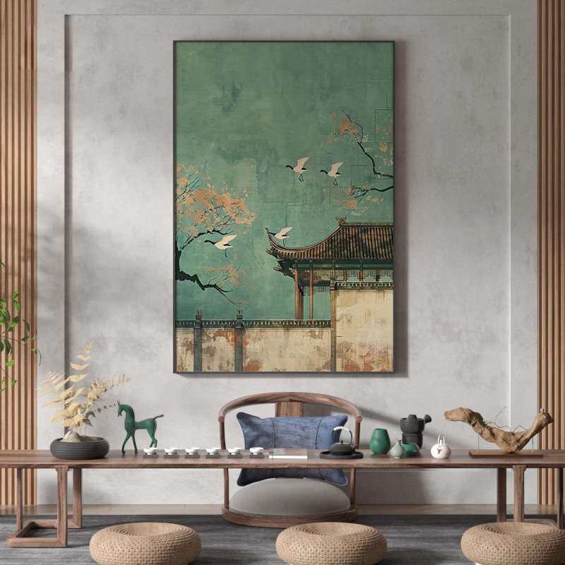 新中式禅意绿色中国风楼阁仙鹤古典客厅装饰画玄关壁画竖版挂画