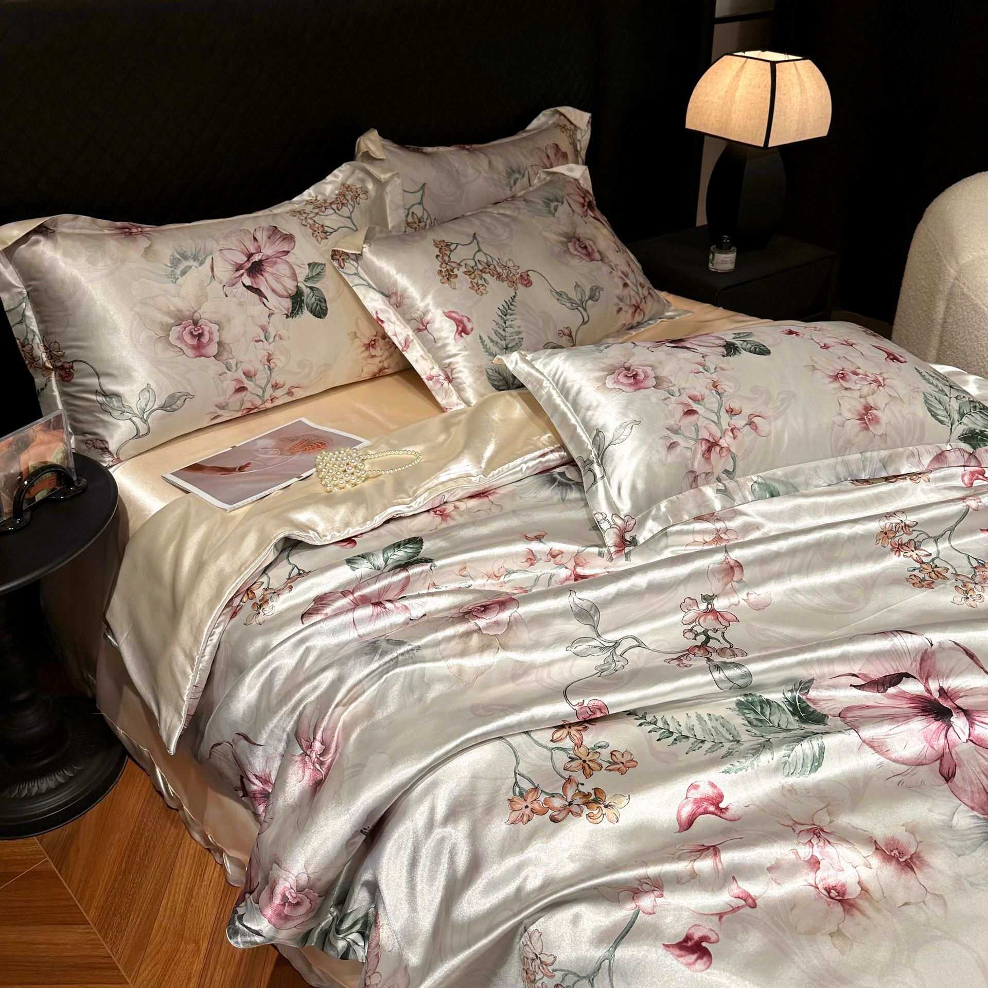 美式印花真丝四件套花卉双面桑蚕丝冰丝被套丝绸床单床笠床上用品