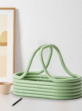 现代轻奢金属手提浅绿色果篮展厅样板房酒店家居玄关桌面软装饰品