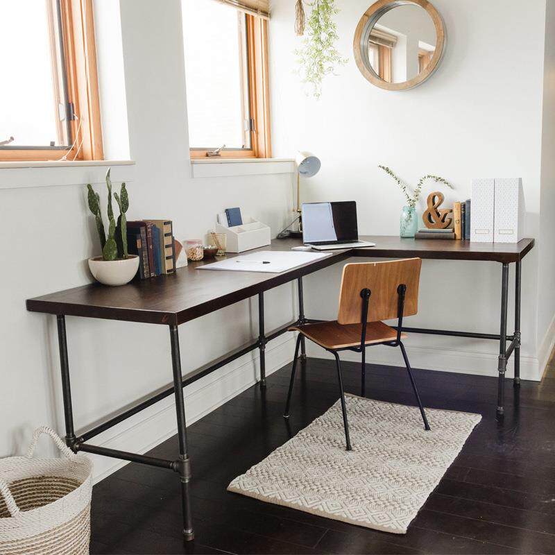 工业风复古实木书桌转角L型办公电脑桌简约靠墙拐角设计师工作台