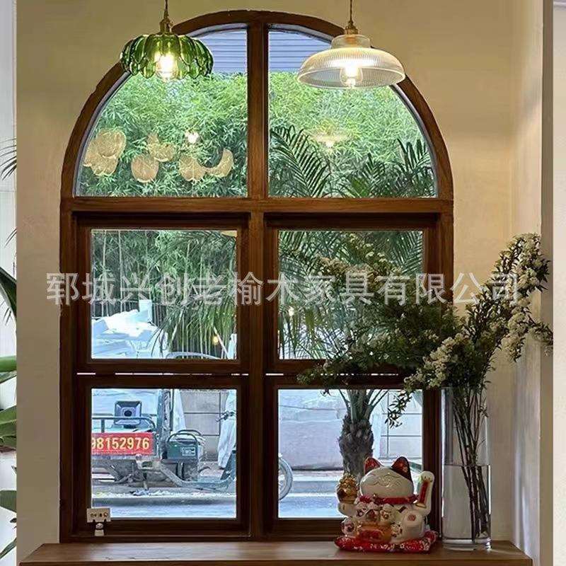 新中式榆木窗户民宿咖啡店现代窗户边框原木框窗实木推拉折叠门窗