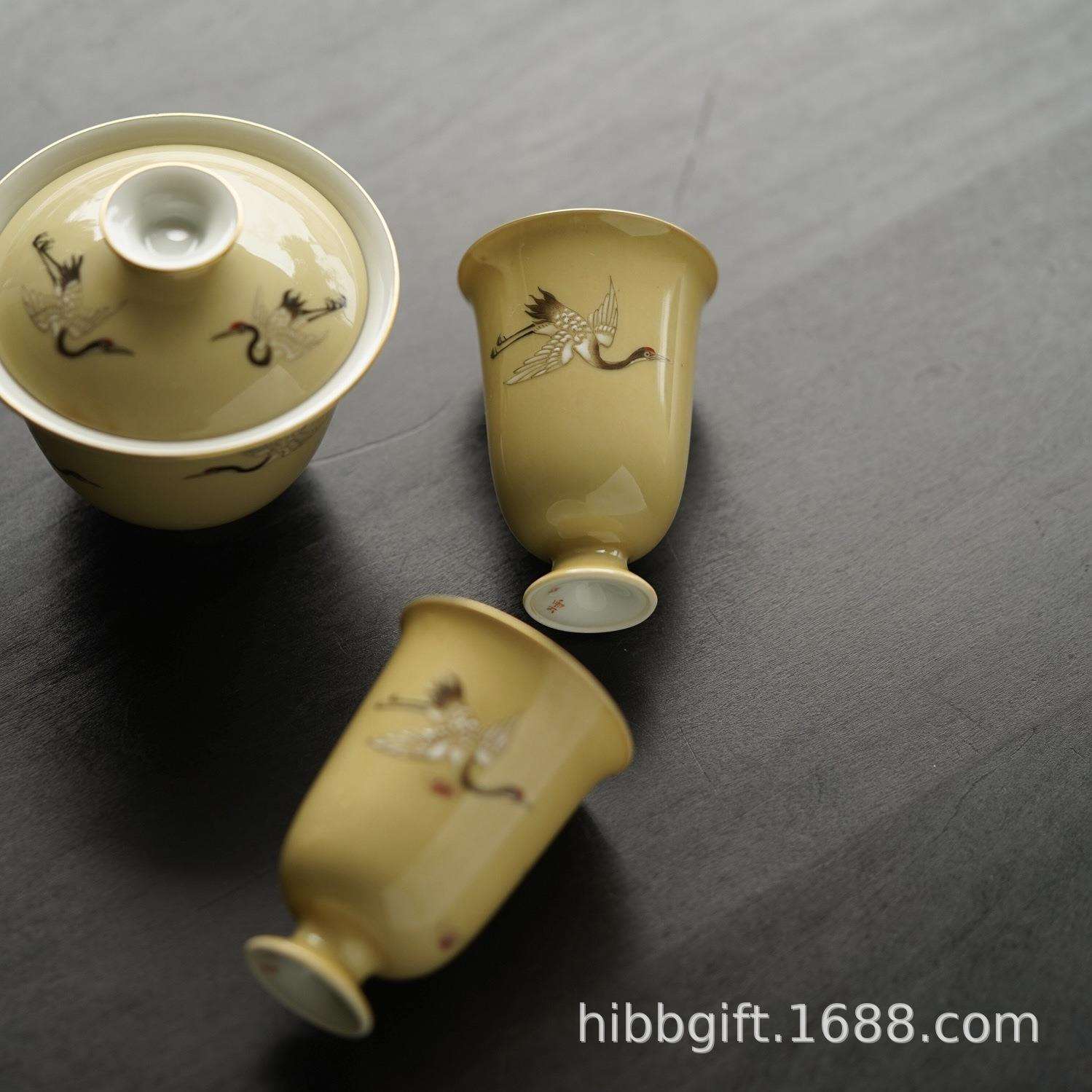 云由山坊老黄釉仙鹤盖碗防烫手抓泡茶碗单碗禅意盖碗茶具