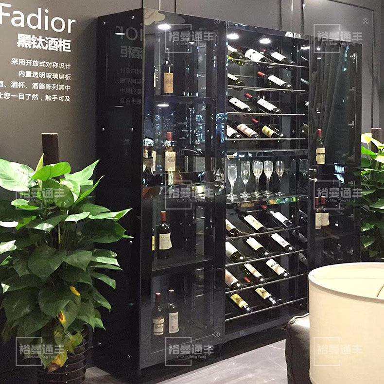红酒柜展示架家装现代简约轻奢靠墙黑钛金不锈钢玻璃酒柜展示柜