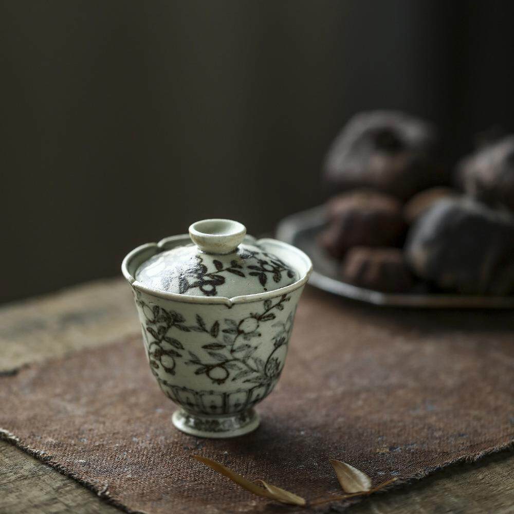 谌峰敬古青花缠枝石榴花卉多子多福二才盖碗洪武釉里金青花茶碗