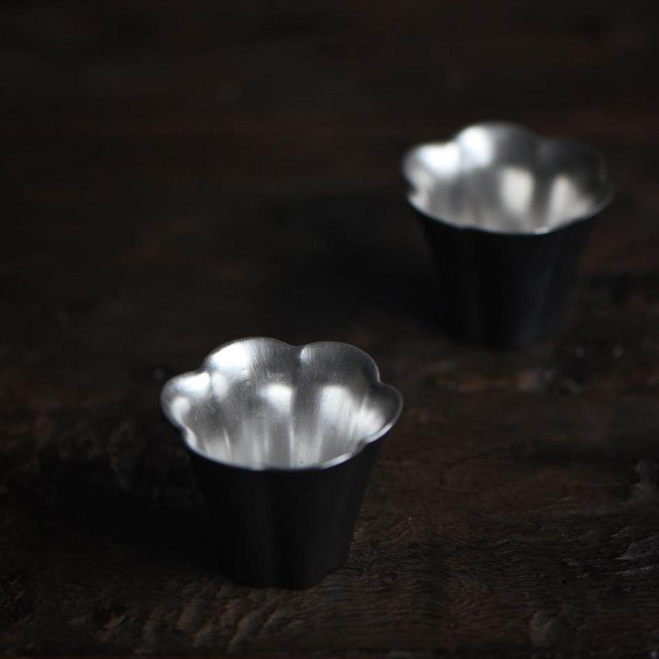 云由山坊黑陶鎏银花口杯陶瓷茶具茶杯主人杯玉兰品茗杯