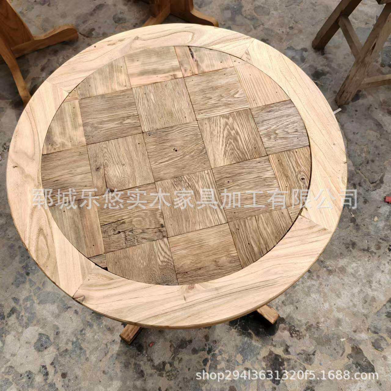 老榆木圆桌实木咖啡桌实木板饭桌出租屋茶几桌阳台桌子雕花门板桌