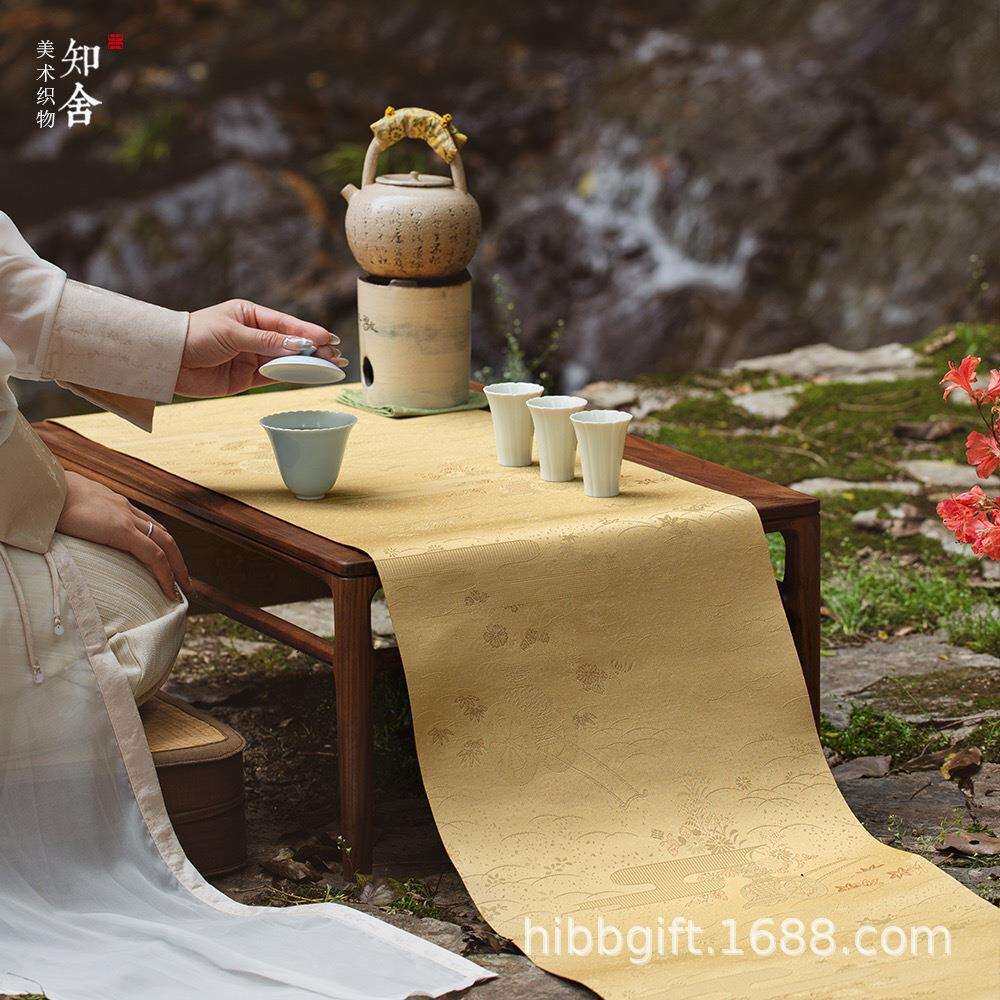 新款知舍载春归织锦茶席套组中式茶桌台布垫子双面禅意布艺桌旗