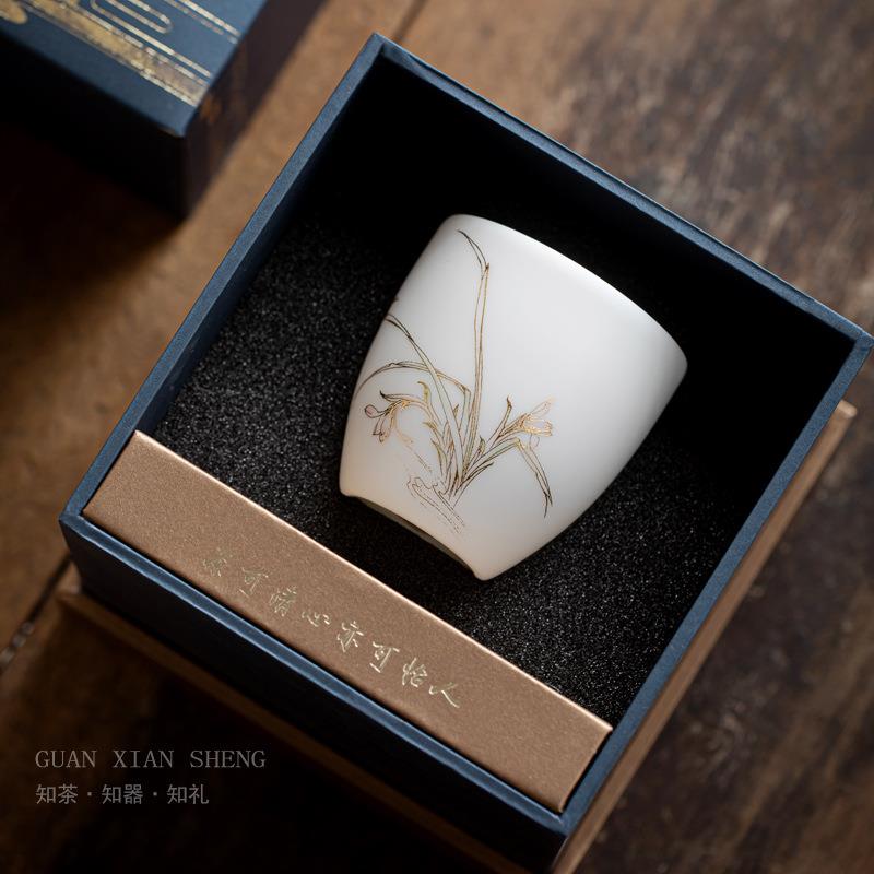 渡景山房秋兰雅静纳福主人杯陶瓷茶杯家用白瓷品茗杯个人专用