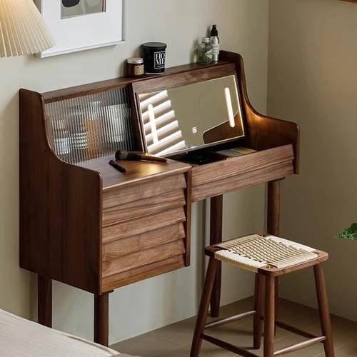 黑胡桃木梳妆台翻盖镜子实木化妆桌家用卧室带抽屉一体化妆台带灯