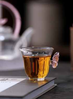 叶屿粉色紫色蝴蝶玻璃主人杯碟恋茶杯耐热高硼硅防烫大容量茶水杯