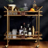 移动铁艺静音餐车酒吧手推车别墅高档金色皮革办公室酒水实木餐车
