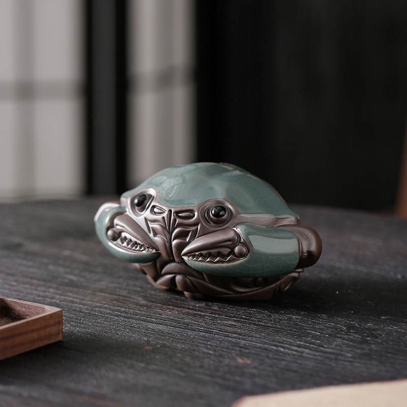 创意仿真螃蟹哥窑开片茶宠茶玩陶瓷摆件工艺品招财可养茶桌装饰品