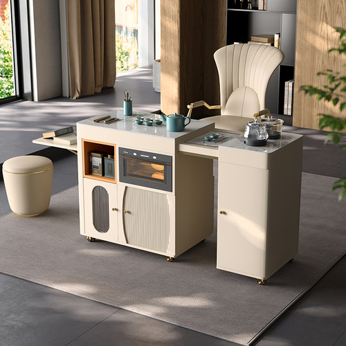 家用阳台奢石岩板茶桌可移动伸缩茶车极简时尚小户型泡茶一体茶台