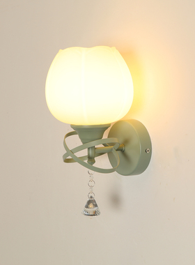 led卧室床头壁灯客厅背景墙灯绿色花朵法式奶油风走廊过道楼梯灯