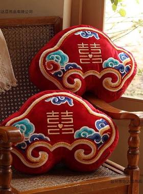 喜字压床结婚抱品一枕对沙发客厅婚庆婚房CYP布红置色靠垫结婚用
