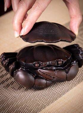 建水紫陶螃蟹滤摆件八方茶风水工VXN艺品复茶漏聚宝盆挂财件古茶