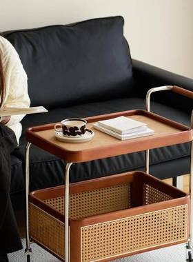 实木可移边几架锈钢收纳动中古小推车客厅MGI储物藤编置物简约不