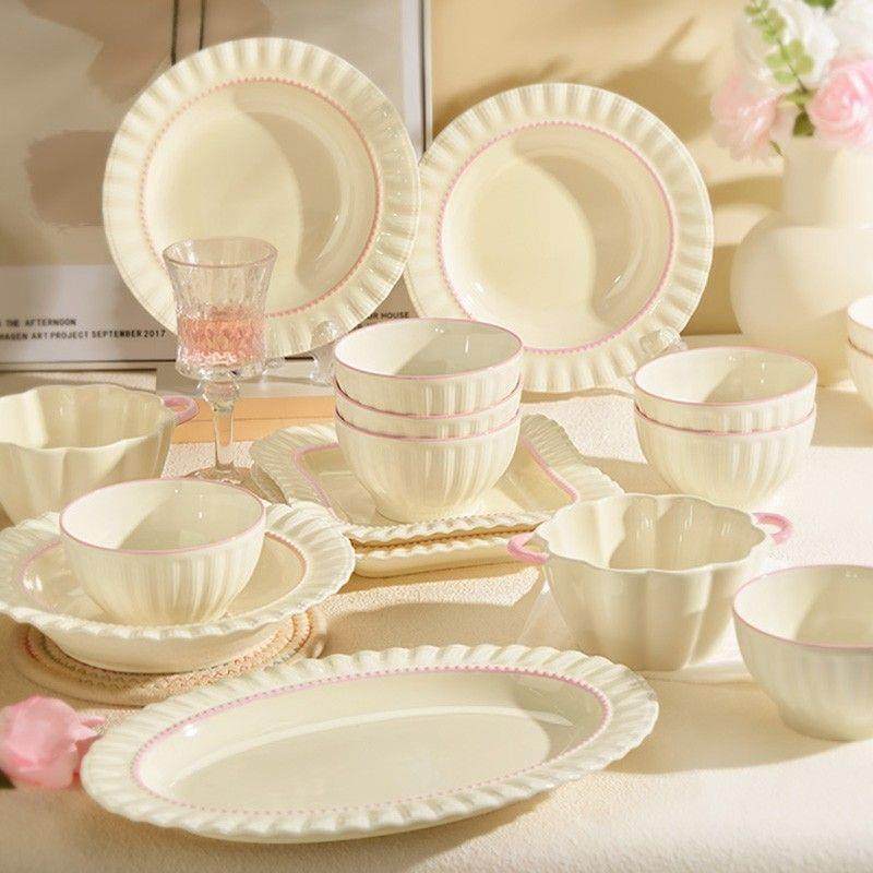 式奶油风餐具套装用家釉下彩餐具2025新款碗碗盘IYH子法碗筷具高