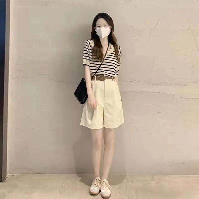 盐分系夏日季学套装女条IGU纹T恤+五短裤小新小个子显清瘦生两件