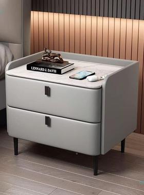 床头纳柜木岩板轻奢卧室皮家质收储物柜用PEH简约现代实床边柜