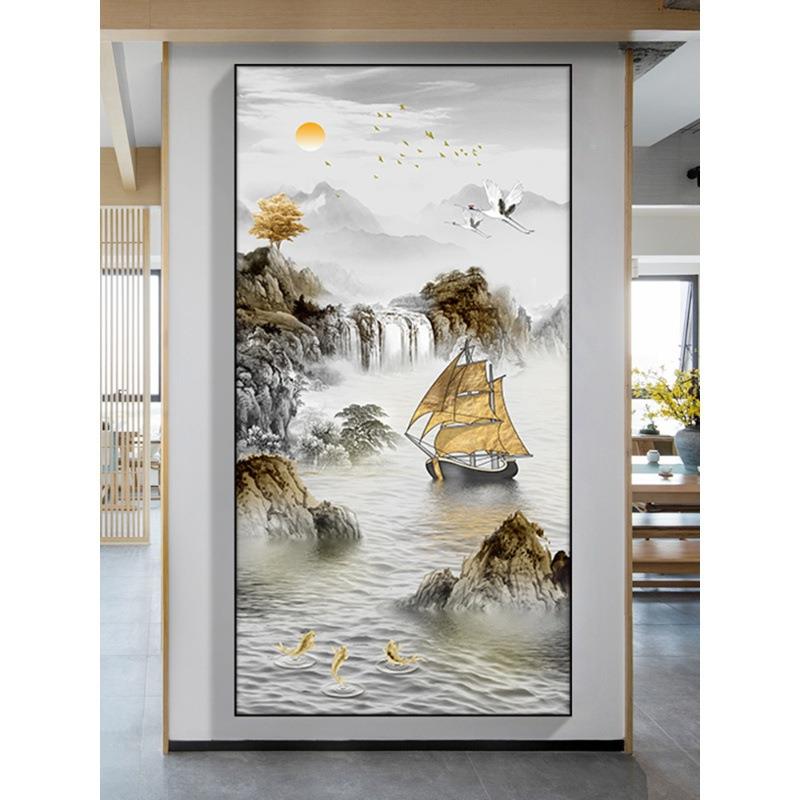新中式户玄关装入饰竖版画客厅办公室ABP走廊道挂画高档山过水壁