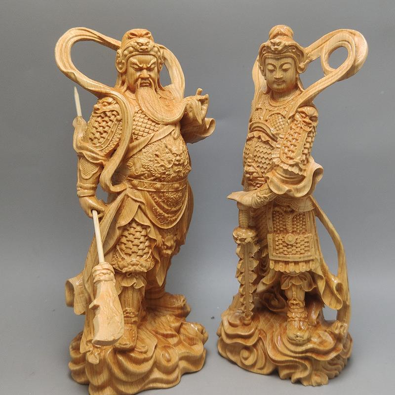 然桧木黄杨VXT木右雕家居左护法关公陀珈蓝菩天萨摆件武财神韦关