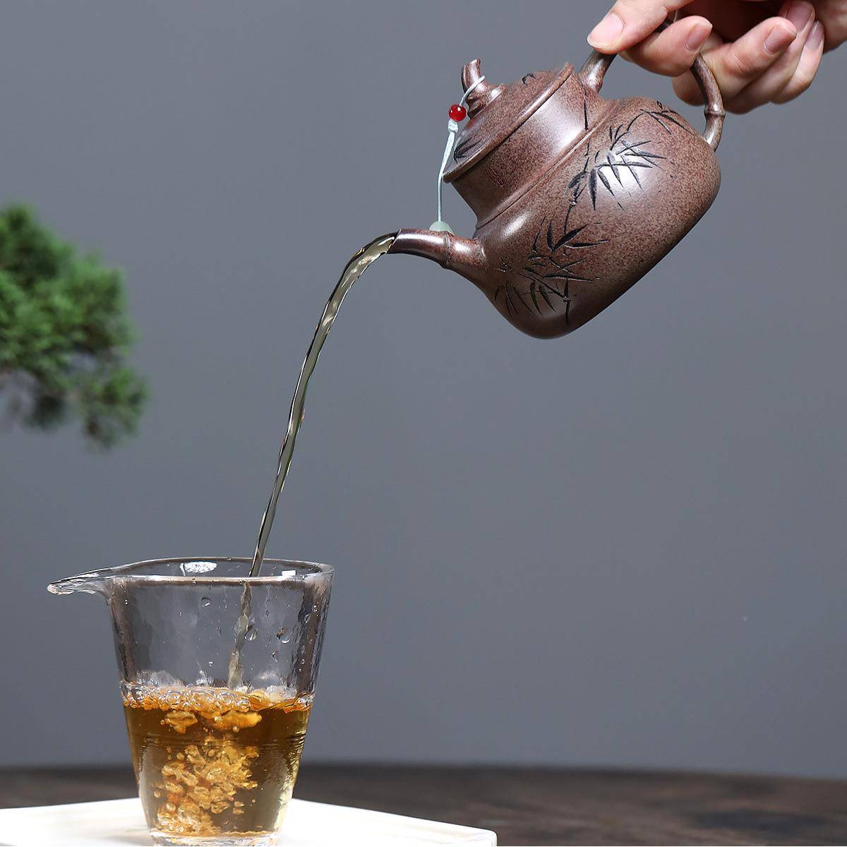 兴一件宜紫砂壶矿高温沉香泥手原工制作柴烧竹影JMT内推球茶孔壶