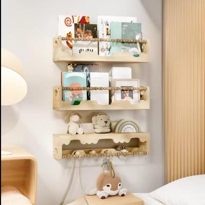 儿童房壁挂收纳架架毛巾杆带展示架悬玩挂墙上书木质偶架92499木