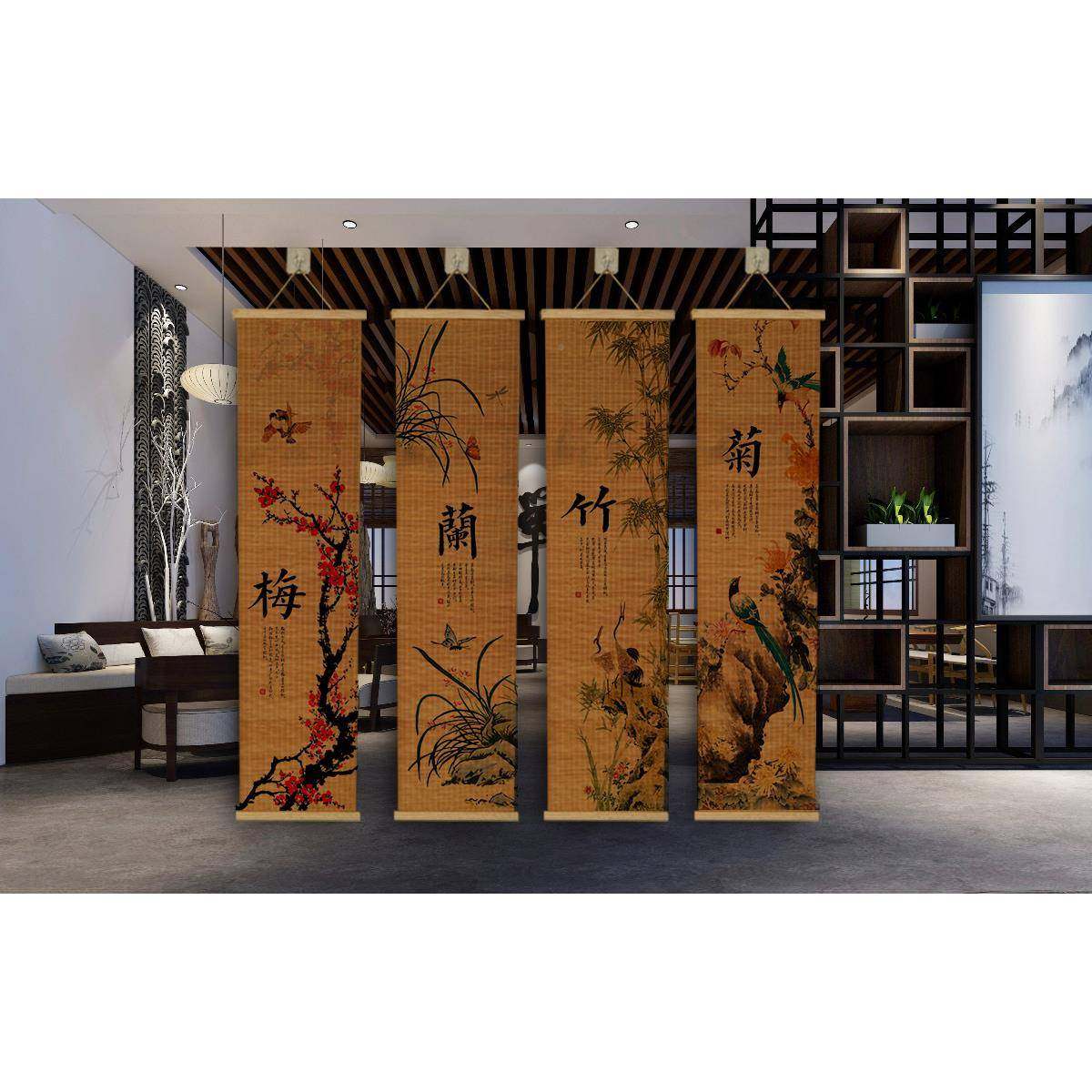 梅兰竹菊花挂画画花画草竹VER卷挂帘新中式竹国挂梅花菊竹子兰花