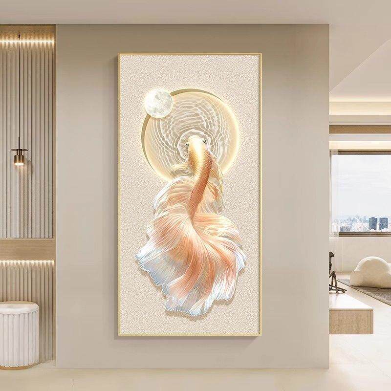 简约奶风玄关装饰油画走廊过进道锦鲤YH-060鱼挂画入户客厅壁画寓