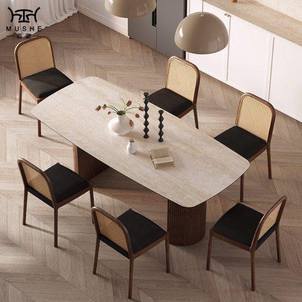 暮奢法式复古胡桃色餐桌椅组合进口洞石椭圆形极简岩板奶油风餐桌