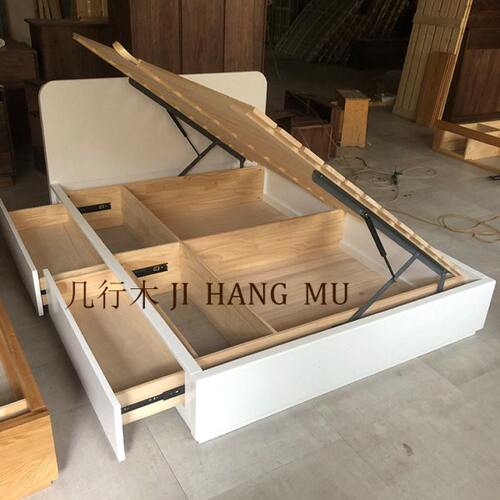 几行木白色床全实木储物床白蜡木奶油风榻榻米床小户型抽屉气压床
