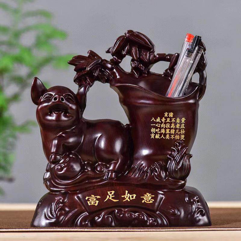 黑檀木雕猪笔筒摆件家居招财实木富足如意工艺品办公室桌面装饰品