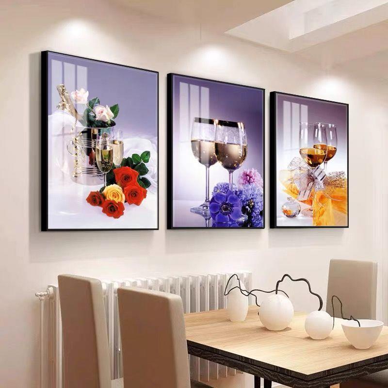 餐厅装饰画三联酒杯有框水晶画水果厨房挂画客厅装饰画卧室墙壁画