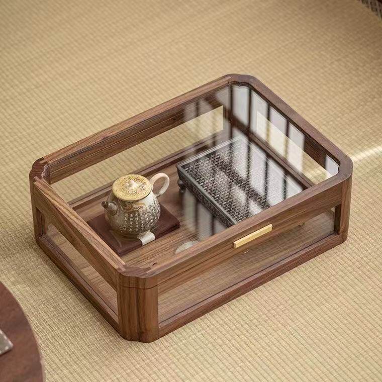 北美黑胡桃木桌面茶几收纳盒复古透明茶具收纳柜实木置物架展示盒