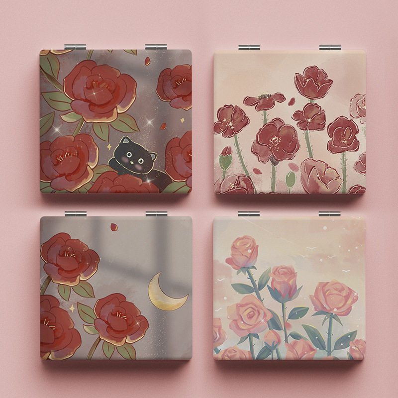 插画玫瑰小镜子复古化妆镜随身便携折叠镜双面图案学生宿舍桌面镜