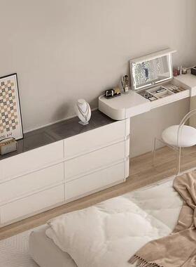 卧室超薄梳妆台斗柜一体30cm极窄款翻盖伸缩白色奶油风法式床尾柜