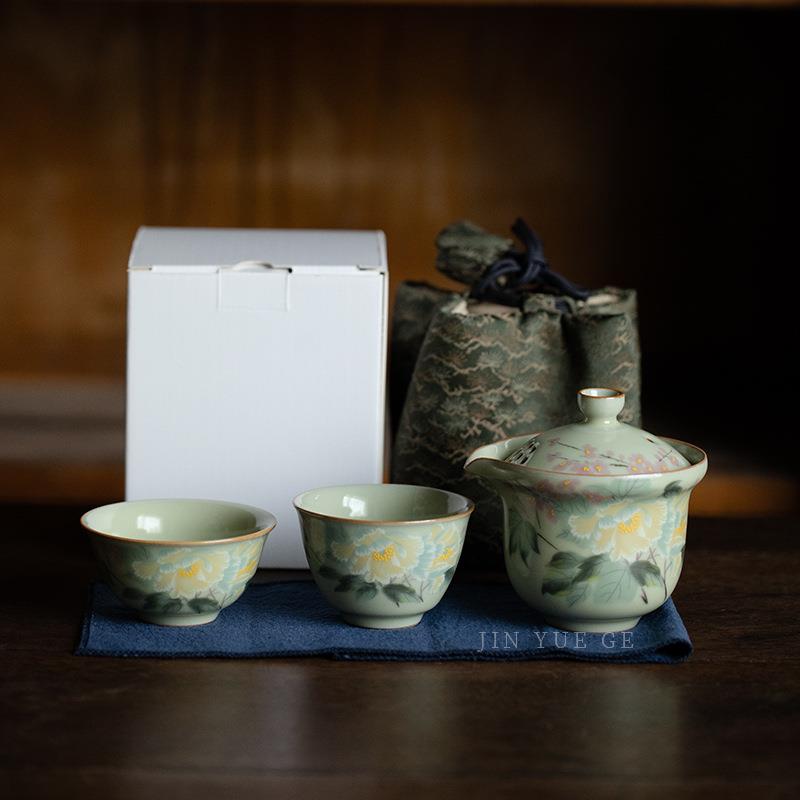 秘黄汝窑一壶两杯快客旅行茶具花鸟图懒人户外茶具便携茶具小套装